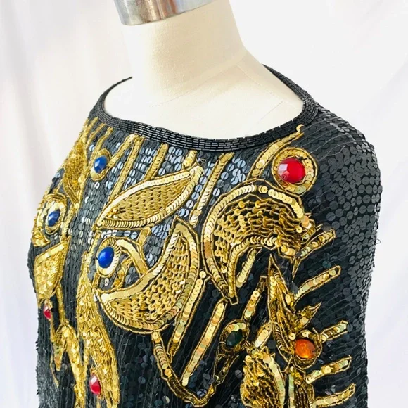 Vintage‎ 80's Silk, Sequin and Rhinestone Creative Creations Disco Glam Blouse - Picture 4 of 14